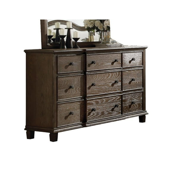 ACME Baudouin 9 Drawer Wooden Dresser in Weathered Oak