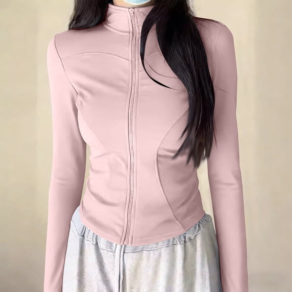 BRGZLK Sun Protection Shirt for Women Full Zip Long Sleeve Hoodless Stand Collar Athletic Jacket 2026 Summer Slim Fit Running Workout Tops Pink M