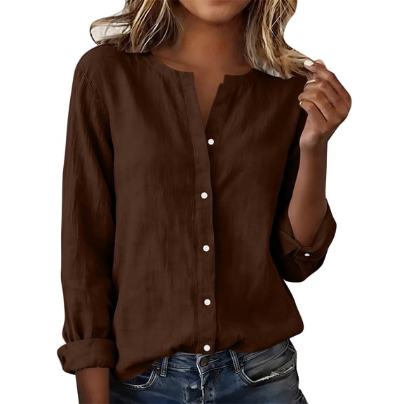 Luvrsol Summer Tops for Women Cotton-Linen V-Neck Button-Down Long-Sleeve Sun-Protective Shirt, Size S-2XL
