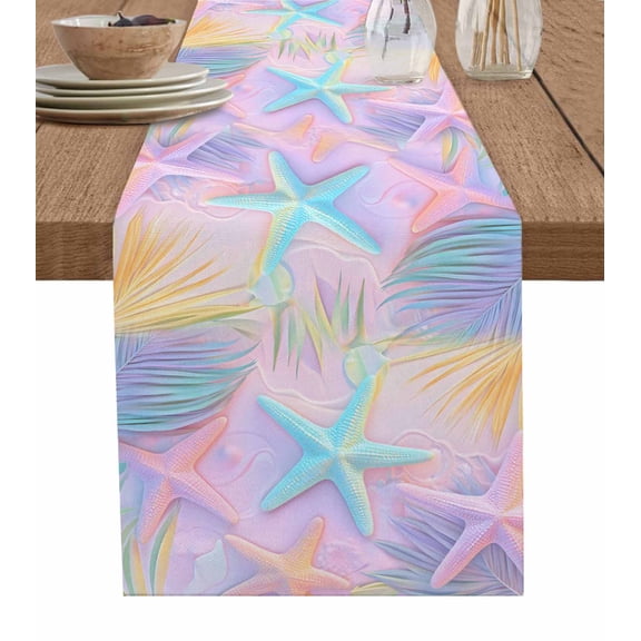Hokiten Table Runners 36 Inches Long Dress Scarves, Summer Pink Romantic Beach Farmhouse Kitchen/Dining Table Runner, Short Coffee Tablerunners, Tropical Leaf Ocean Starfish 13x36 Inch