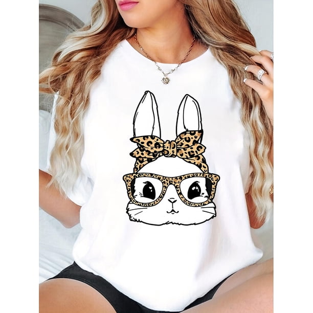 Women's Cute Bunny Graphic T-Shirt - Black with Leopard Print Rabbit Headband Detail, Casual Round NCamisetas de verano para mujer, manga corta, cuello redondo, casual, lindo, con gráficos, camisetas