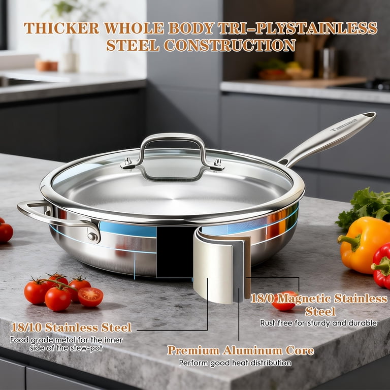 TAIMASI 12-Inch Tri-Ply Stainless Steel Saute Pan photo 5