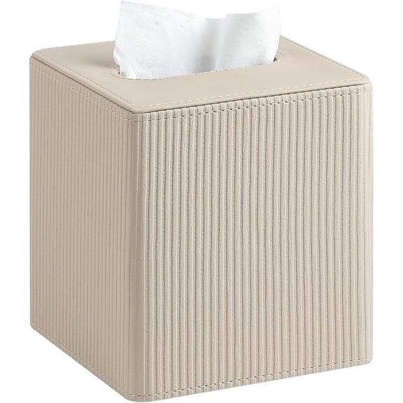 Tissue Box Cover Square with Magnetic Closure, PU Leather Tissue Box Holder for Bathroom NightStands Livingroom, Decorative Modern Square Tissue Holder (Beige)