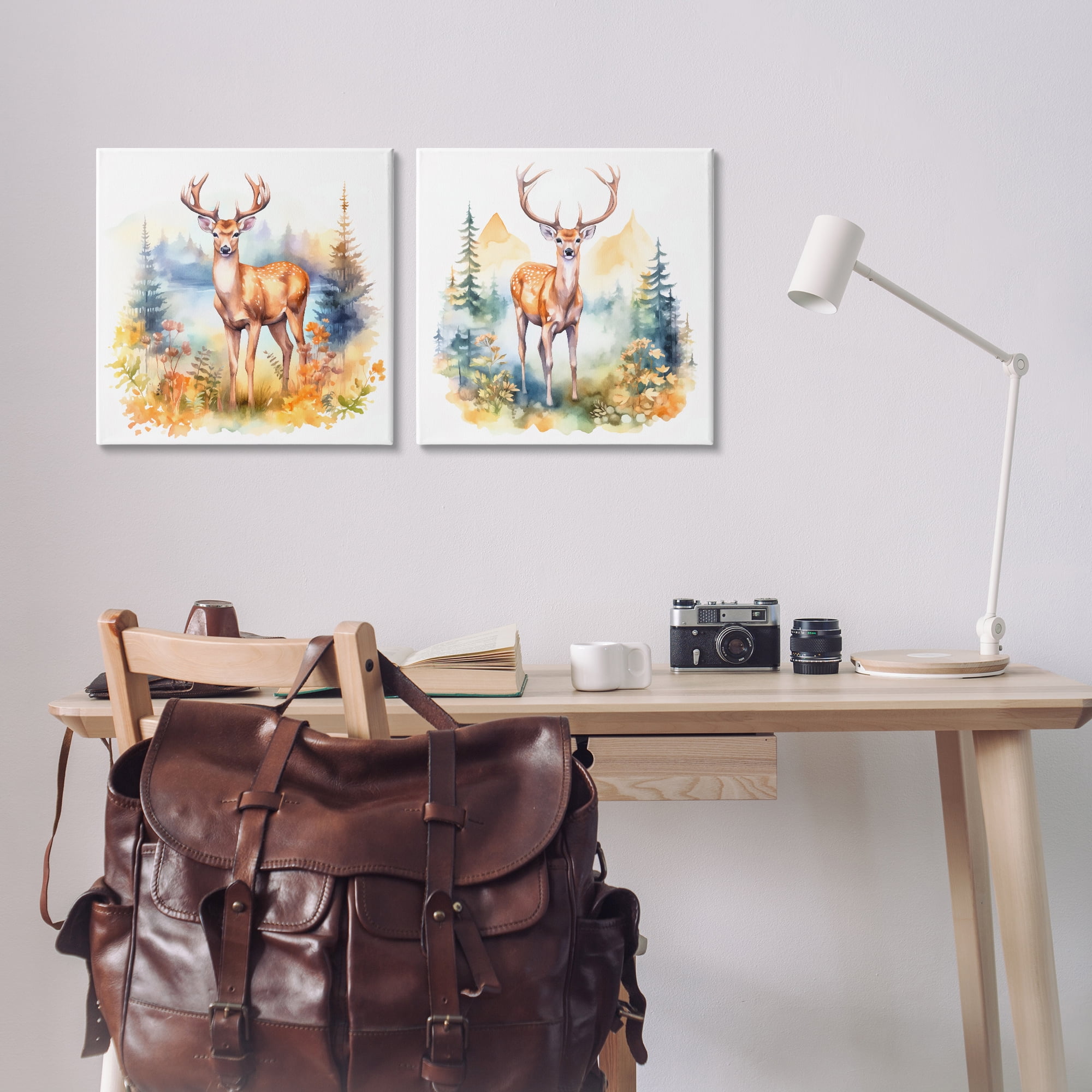 Stupell Industries Wild Deer Mountain Overlook Animals Painting Wrapped Canvas Art Print Wall Art, 17 x 17, Set of 2
