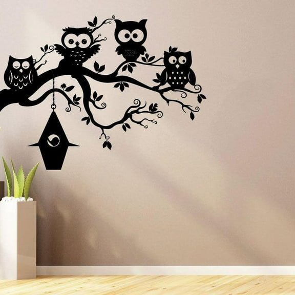 Cute Owls Baby Owls Cartoon Silhouette Cute Night Owls Trees Vinyl Wall Art Wall Sticker Wall Decal Decoration For Home Room Kids Room Nursery Room Girls Boys Wall Décor Design Size (30x30 inch)