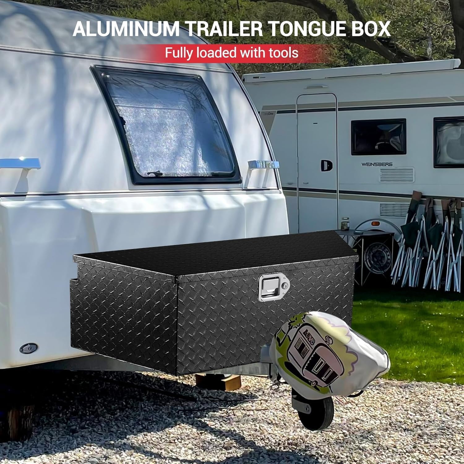 Ladcaser 33" Trailer Tongue Box Heavy Duty Aluminum Trailer Tool Chest Box with Lock and Keys, Diamond Plate Storage Box for Pick Up Truck RV Trailer