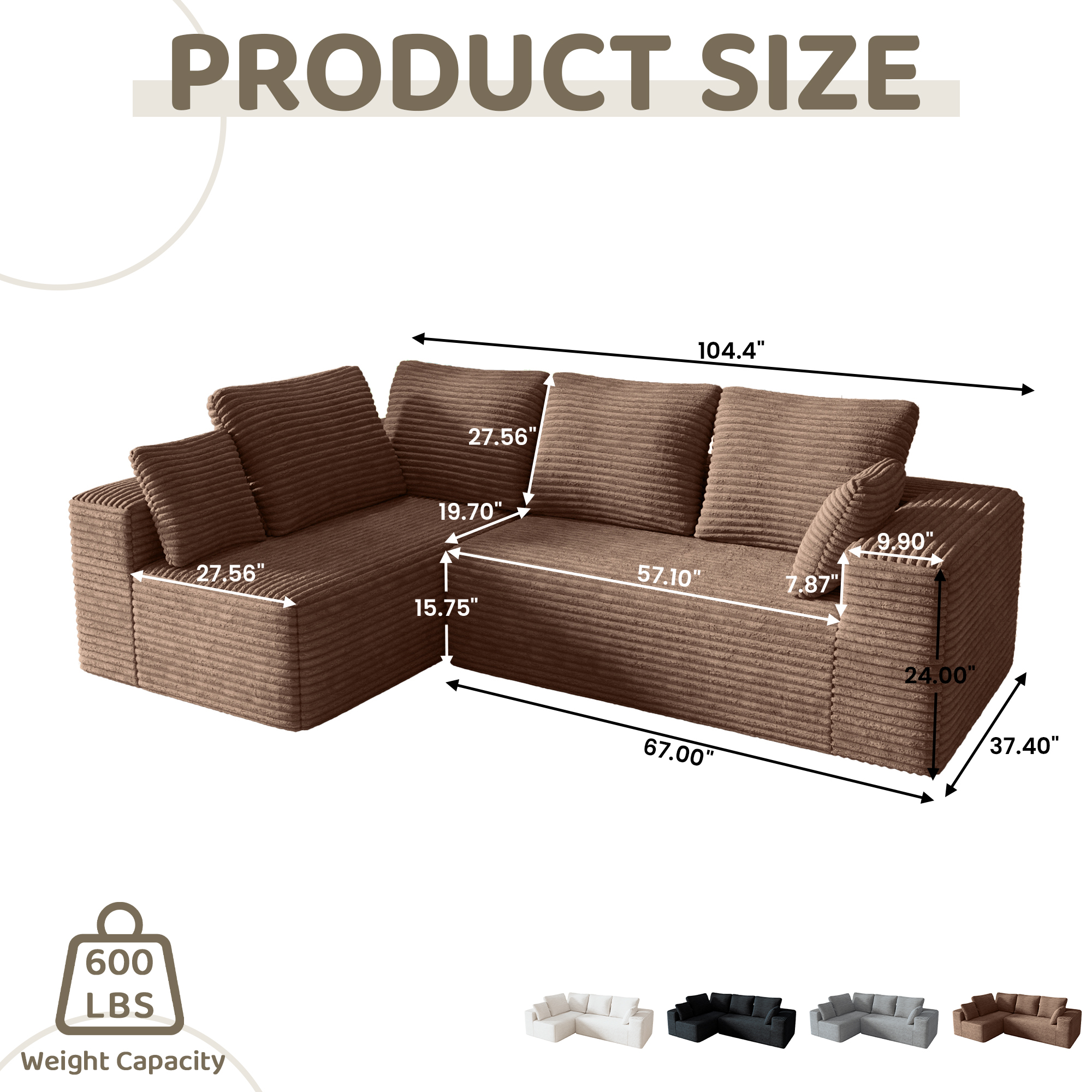 104.4" Modern L-Shaped Sectional Sofa for Living Room Bedroom, Modular Cloud Sectional Couch with Deep Seating Upholstered Sofa, Free Combination Sofa, Corduroy Upholstery, No Assembly, Brown Couch