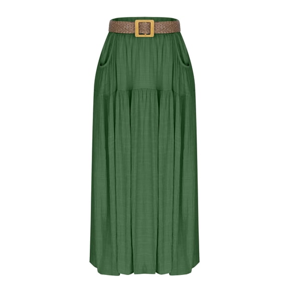 Gamivast Womens Maxi Skirt Linen Elastic High Waist Belted Long Skirt Solid Color Pockets Casual Skirt A-Line Flowy Summer Beach Vacation Daily Wear