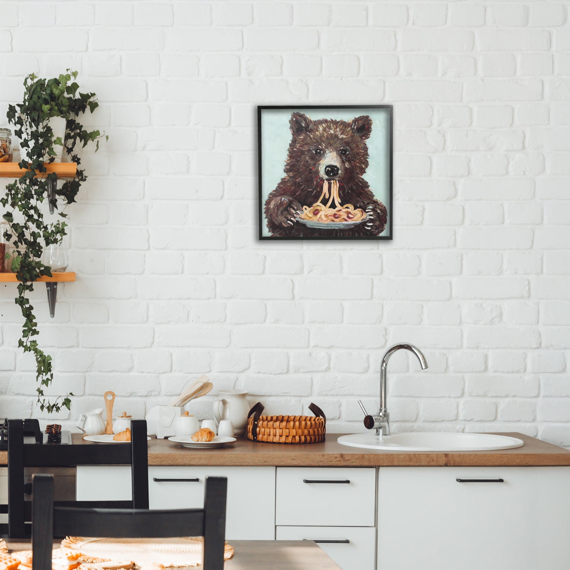 Whimsical Bear & Spaghetti Black Framed Giclee Art, design by Studio Bautista
