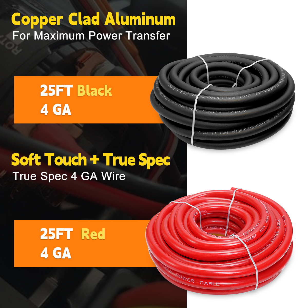 4 Gauge Wire CCA Wire, (25ft Black+25ft Red) Automotive Wire Car Audio Battery Cable, Power/Ground Wire, Welding Cable, 4AWG Electrical Wire Audio Wiring for RV RC Trailer Speaker Amp 12V Wire