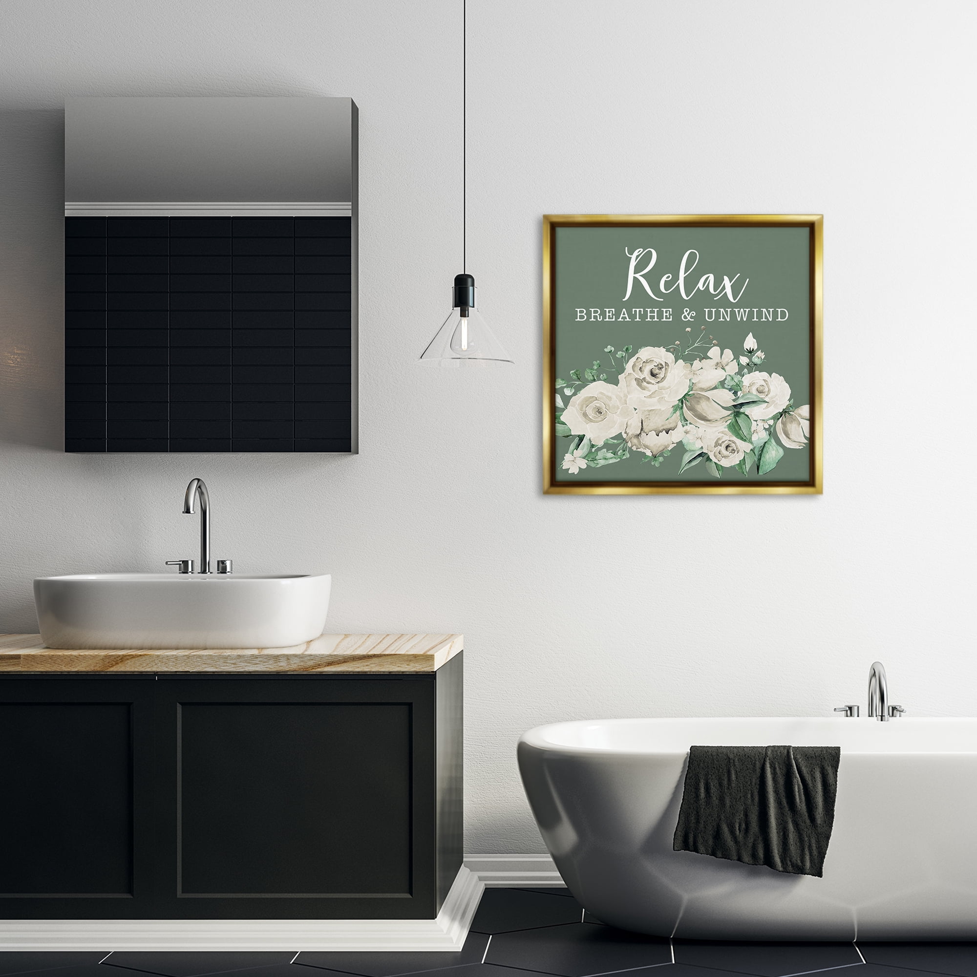 Stupell Industries Breathe & Unwind with Florals Bath & Laundry Painting Gold Floater Framed Canvas Art Print Wall Art, 25 x 25