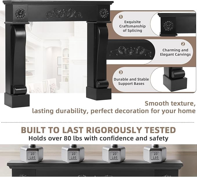 EPICOZY 44.5" Fireplace Mantel, Freestanding Fireplace Surround with Leg for Electric Fireplaces, MDF Mantel Surround with Shelf for Living Room with Decorative Pattern, Anti-Tipping & Waterproof
