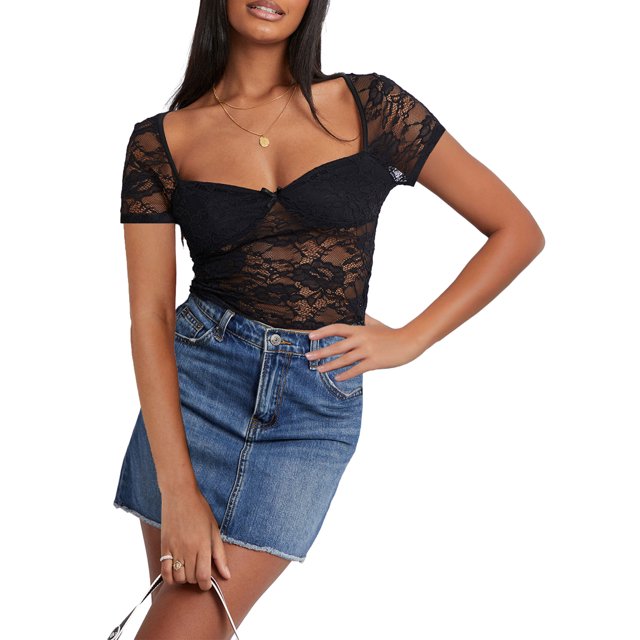 Mialoley Femmes Été Slim Crop Tops Manches Courtes Dentelle Transparente Floral Club T-shirt
