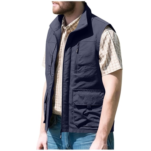 QSAWXQZ Men's Cargo Vest Sleeveless Zip Up Lapel Collar Solid Cardigan Fashion Jackets with Pockets for Outdoor 3XL