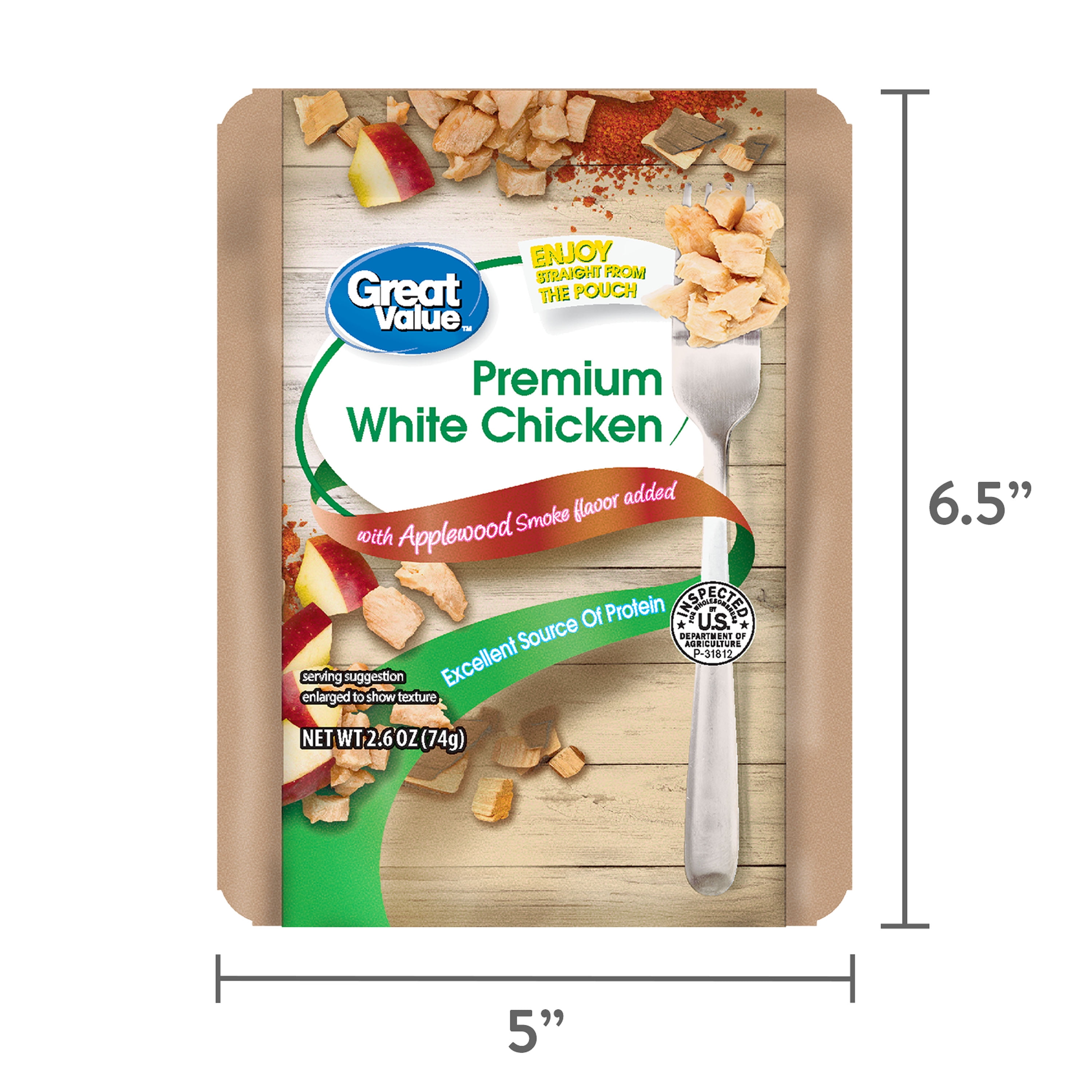 Great Value Premium Applewood Smoked Fully Cooked White Chicken Pouch, 2.6 oz
