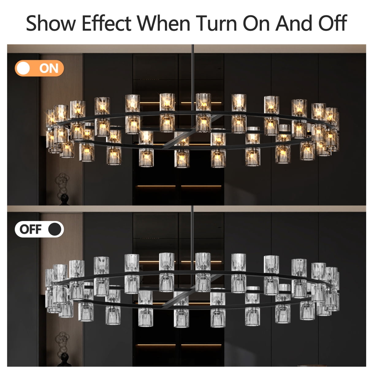 48-Inch Luxury Crystal Chandelier with Dual Ring LED Lighting for Living Room & Dining Room Decor Energy Efficient Included Bulbs Easy Installation Black