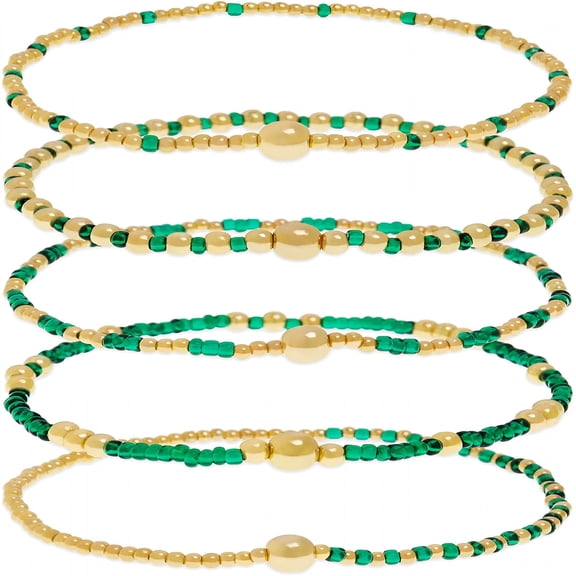 DESIGNICE Gold Beaded Stack Bracelets Set for Women,5Pcs Handmade Small Beads Stackable Stretch Layered Outfit Accessories Jewelry Gift.