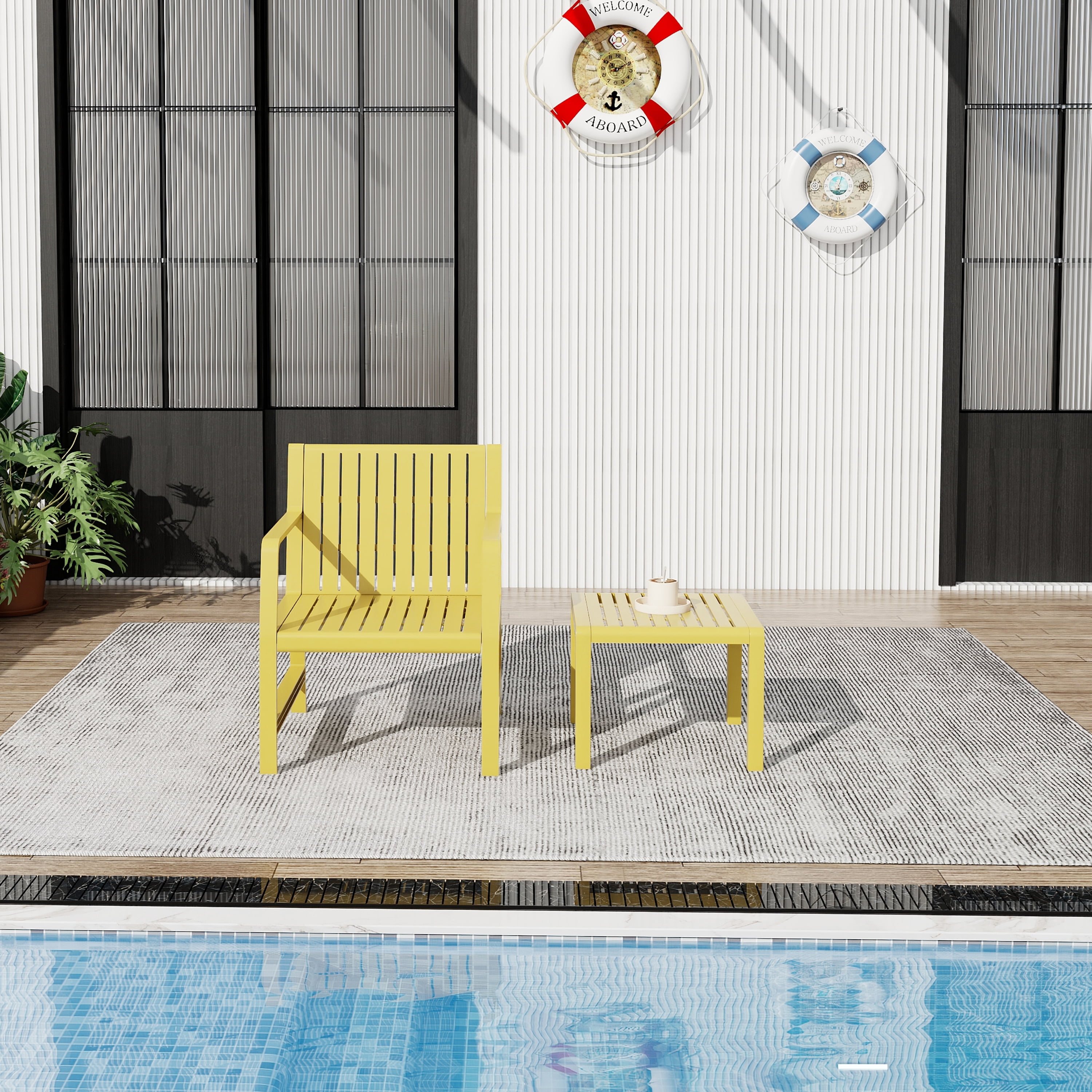 Patio Furniture Set, 2 Piece PP Material Chair Table Combo for Garden Balcony Yard, Yellow