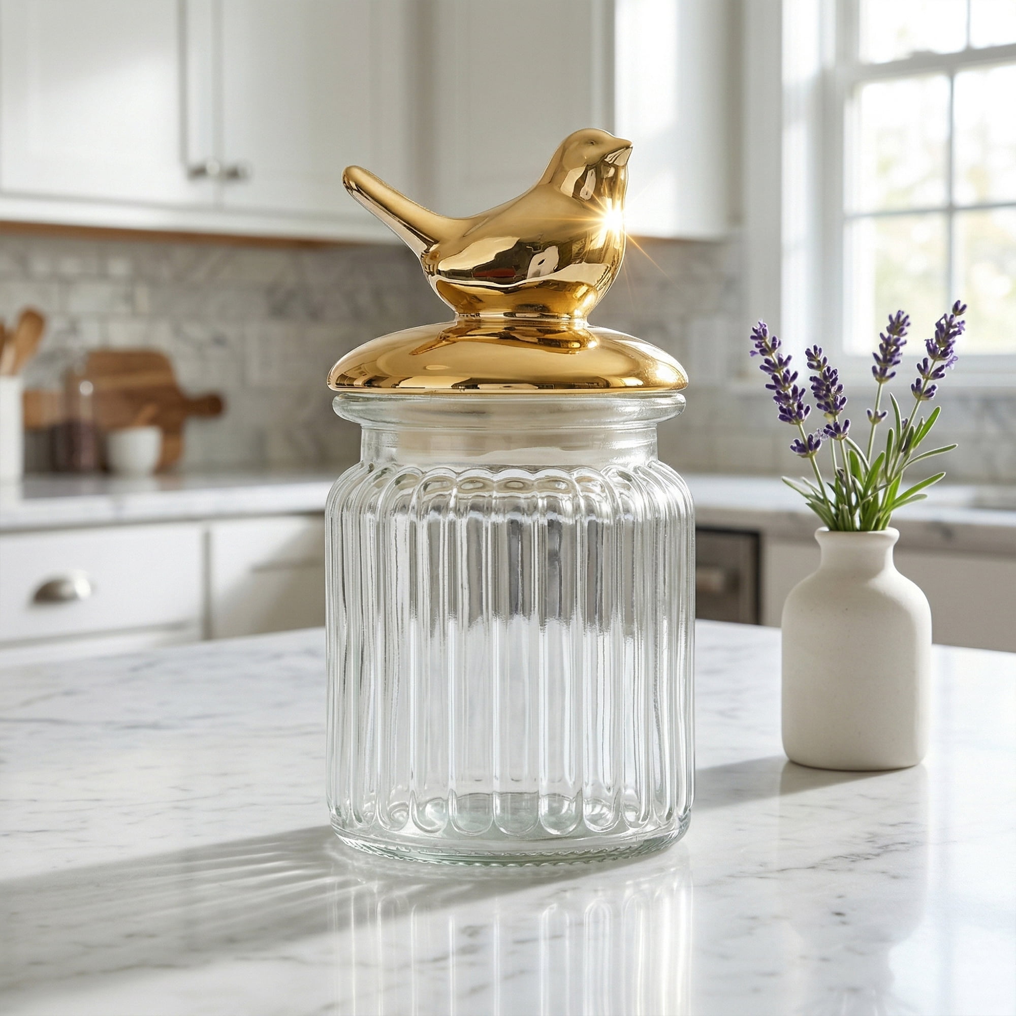 Unique Bargains Decorative Glass Jar With Gold Animal Lid Golden Bird 3" x 3" x 5.5"