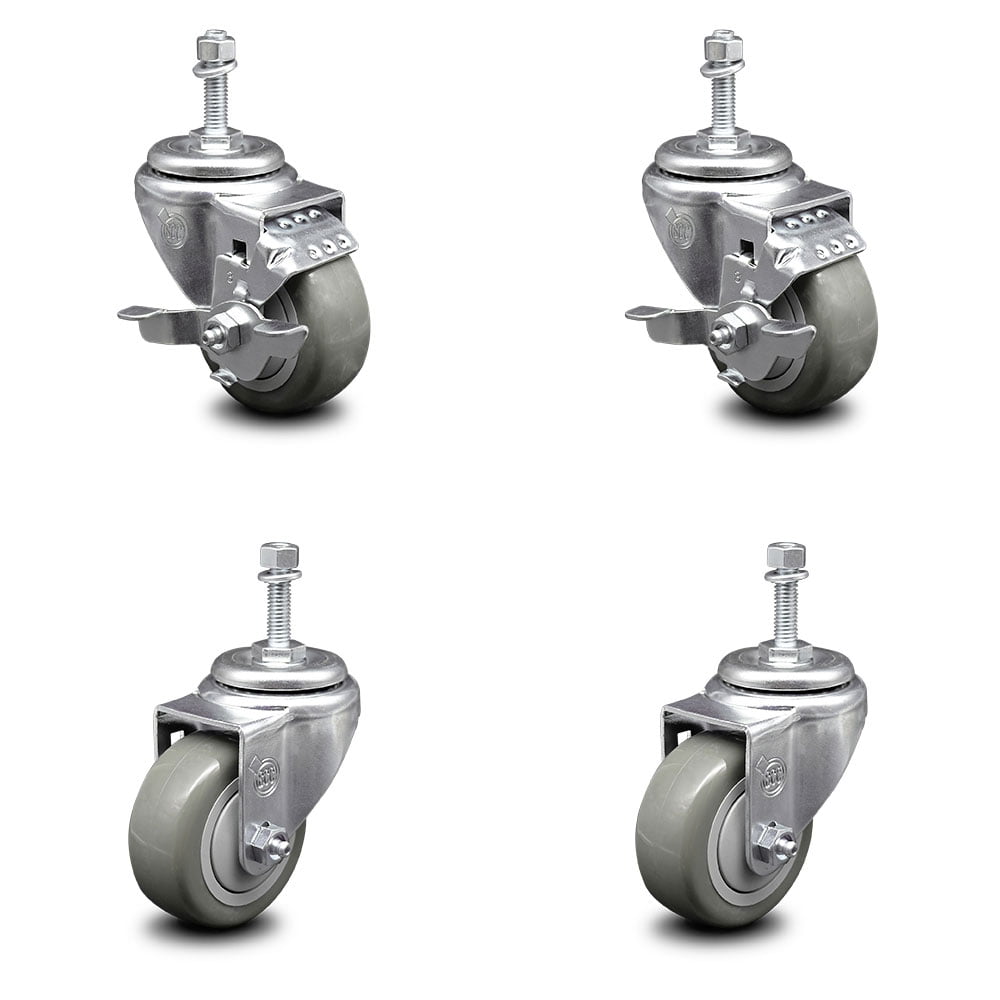 Includes 4 Swivel Polyurethane Swivel Threaded Stem Caster Set of 4 w/3 x 1.25 Gray Wheels and 12mm Stems Service Caster Brand 1000 lbs Total Capacity 