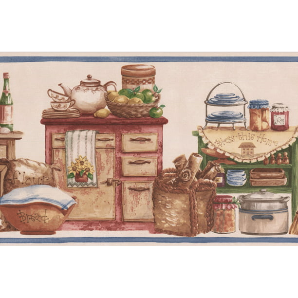 Wallpaper Border - Vintage Kitchen Wooden Chests Food Jars Baskets ...