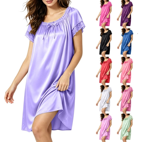 VBVC Women's Satin Lace Trim Short Sleeve Nightgown , Ladies' Ruffled Crew Neck Bow Loose Pajama Dress , Silky Casual Sleepwear Loungewear For Women,Beige,Free Size