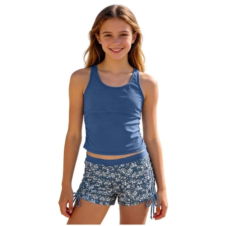GXWEA Bathing Suit For Girls 10-12 Girls Summer Swimwear Two Piece Boyshort Tankini Kids Swimsuit(Light Blue 11-12 Years)