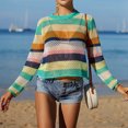 thumbnail image 6 of Women Crochet Knit See Through Tops Rainbow Stripe Long Sleeve Hollow Out Beach Cover Up, 6 of 9