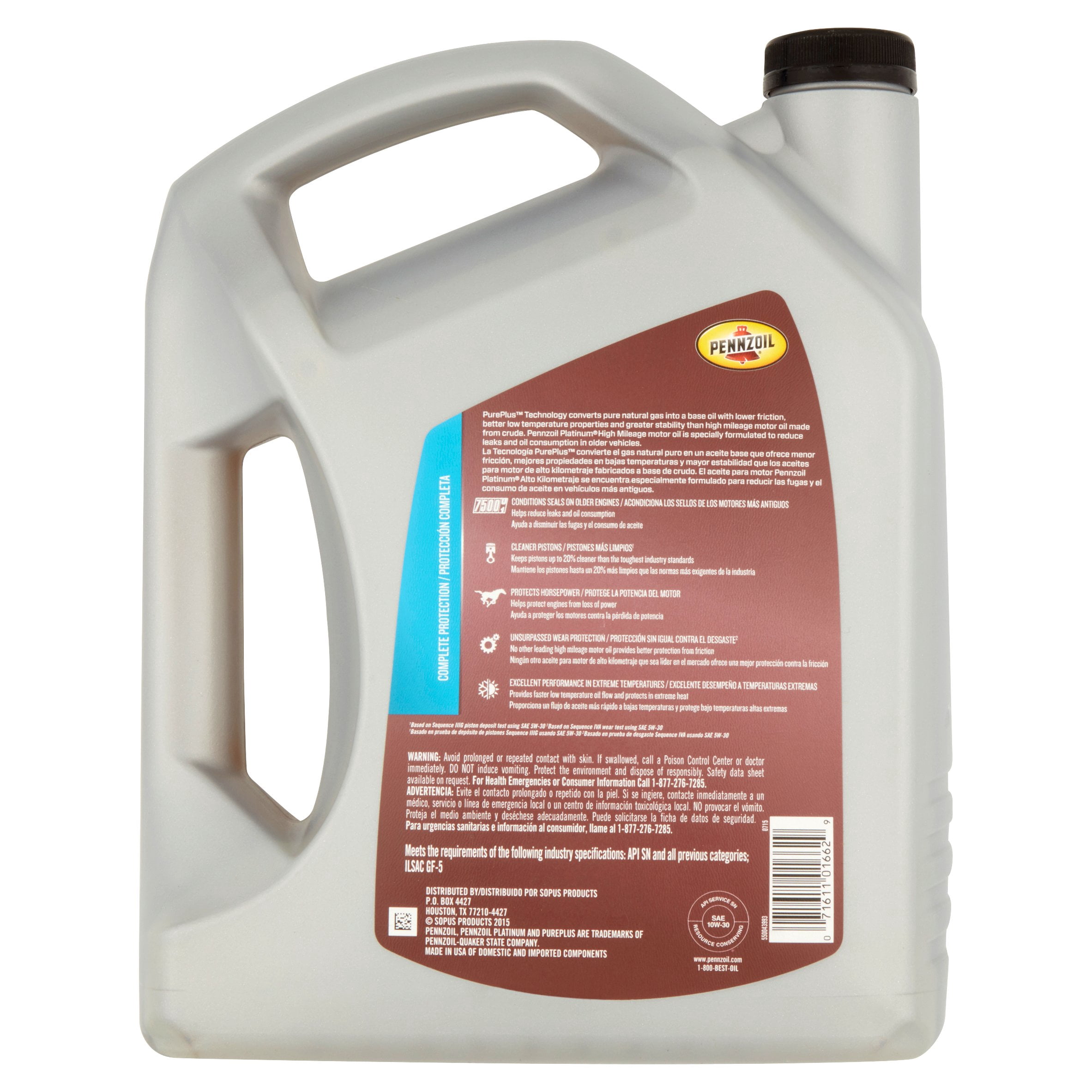 Pennzoil Platinum High Mileage Full Synthetic 10W-30 Motor Oil for Vehicles Over 75K Miles, 5 Quart