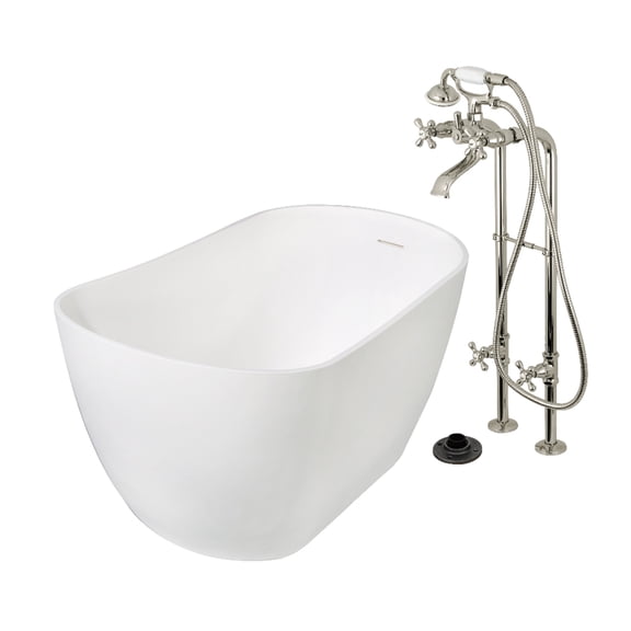Kingston Brass KRTSS5130266K6 51" Solid Surface Oval Single Slipper Freestanding Tub with Faucet Combo and Drain, Polished Nickel