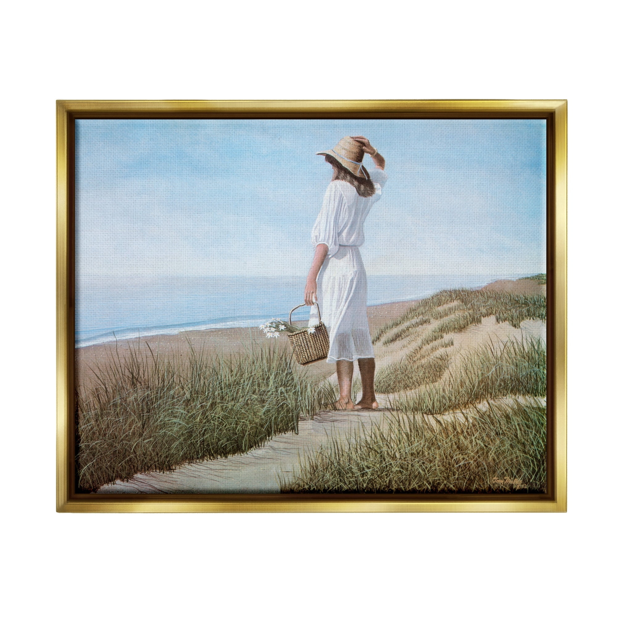 Stupell Industries Woman Enjoying Peaceful Beach Shore Landscape View Painting Metallic Gold Floating Framed Canvas Print Wall Art, Design by Tom Mielko