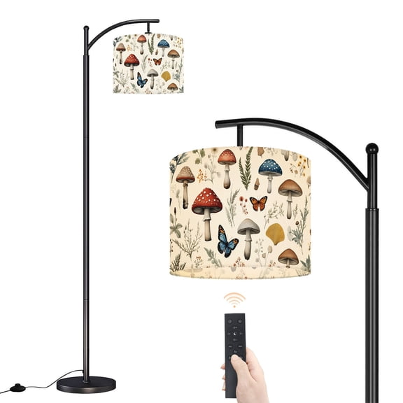 Arc Floor Lamp with Adjustable Lampshade Mushroom Vintage Botanical Butterflies Forest Flora Standing Lamp 3 Color Temperatures Dimmable Tall Pole Lamp with Foot Switch for Bedroom