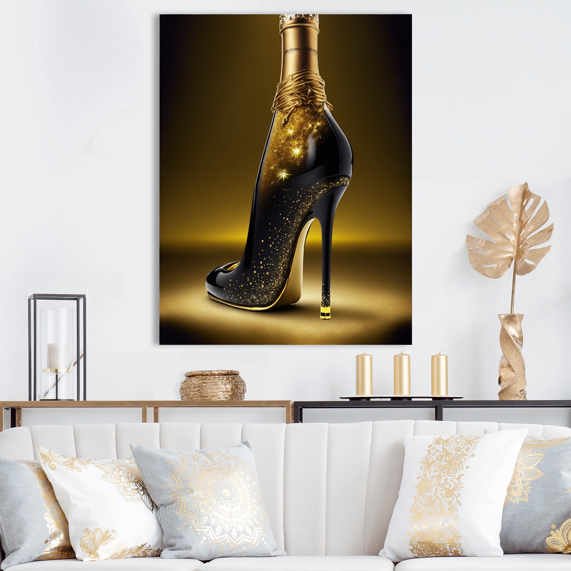 Designart Golden Champagne High Heel II Canvas Wall Art