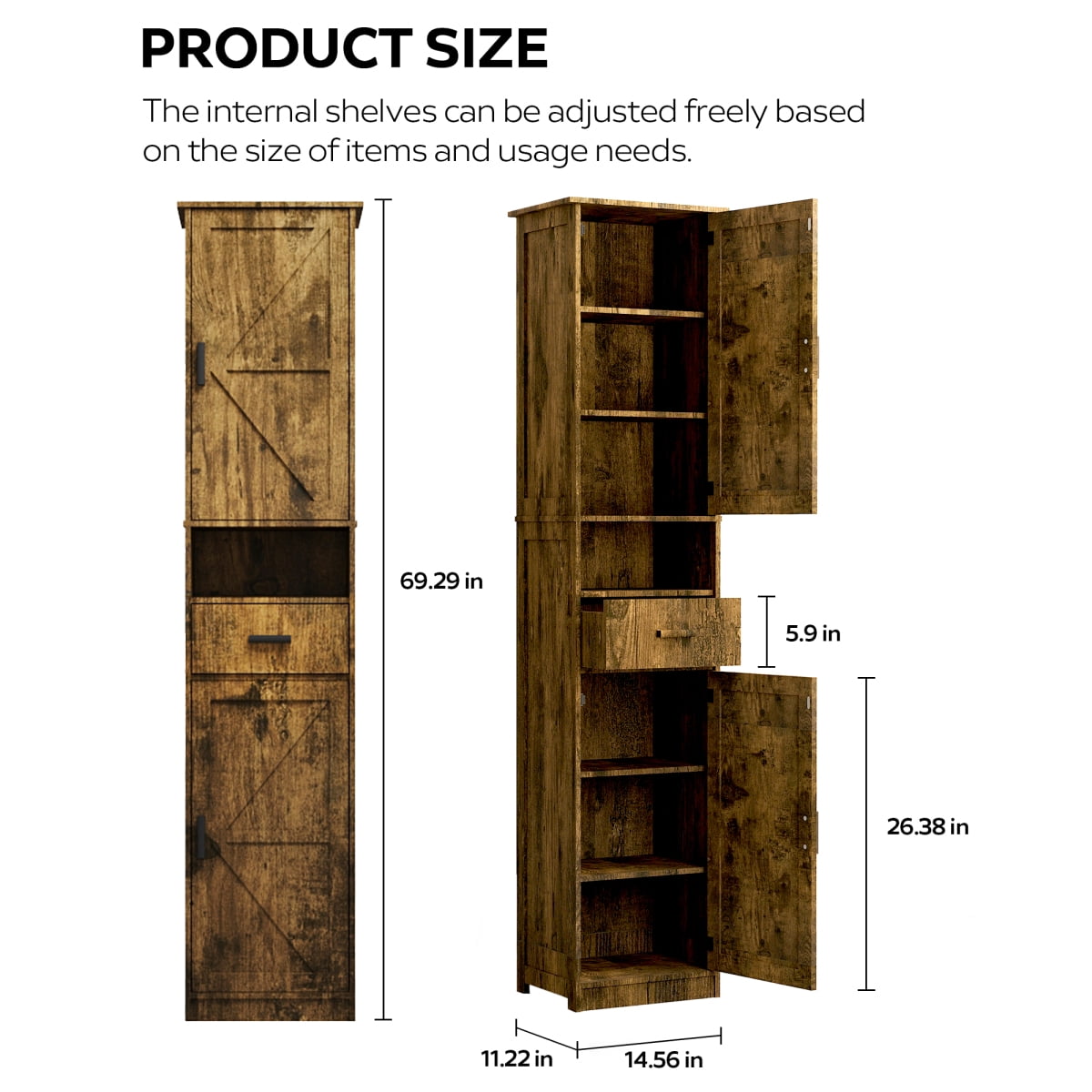 69" H Tall Bathroom Storage Cabinet with 2 Barn Doors and 1 Drawer, Narrow Storage Unit with Adjustable Shelves, Floor Cabinet for Bathroom Living Room Entryway, Vintage