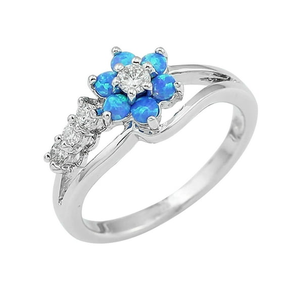 Guodhu Round Simulated Blue Opal Ring with CZ Diamond Silver Engagement Ring Jewelry Accessory Birthday Proposal Gift Bridal Wedding Party Band Ring