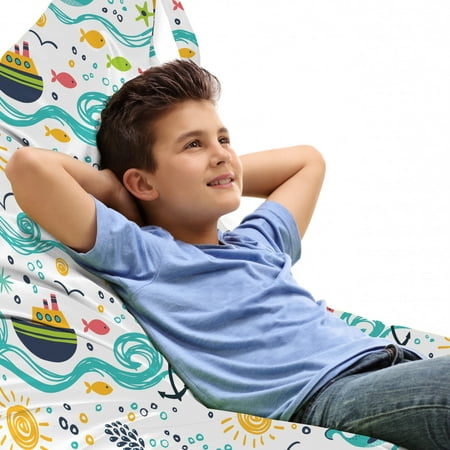 

Sailboat Lounger Chair Bag Scribbled Hand Drawn Ocean Habitants Fishes Water Spraying Whale and Rising Sun High Capacity Storage with Handle Container Lounger Size Multicolor by Ambesonne