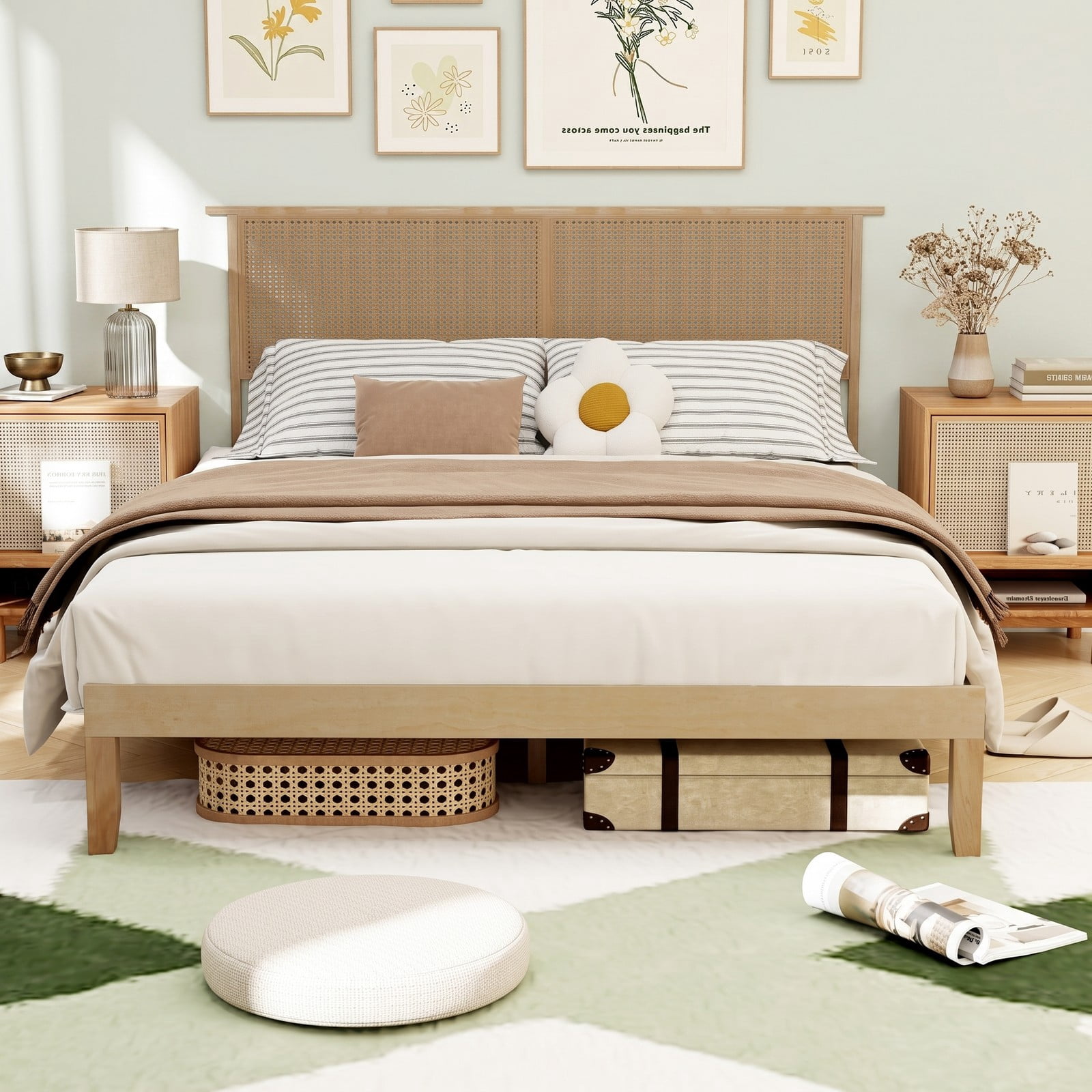 Furnibear Queen Bed Frame with Headboard, Wood Platform Bed Frame with Boho Rattan Headboard and Slat Support, No Box Spring, Natural
