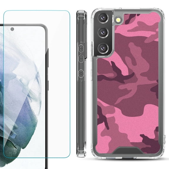 Shockproof Bumper Phone Case for Samsung Galaxy S22 5G, with Tempered Glass Screen Protector, by OneToughShield ® - Camo Pink
