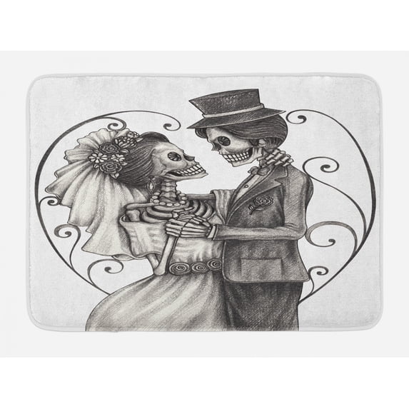 Day Of The Dead Bath Mat, Love Skull Skeleton Marriage Eternal Love Theme Spanish Festive Art, Non-Slip Plush Mat Bathroom Kitchen Laundry Room Decor, 29.5 X 17.5 Inches, Dimgrey and White, Ambesonne