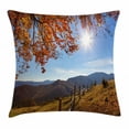 thumbnail image 1 of Fall Decor Throw Pillow Cushion Cover, Fallen Leaves Over Mountains Idyllic Fall Day Morning Sunrise Oak Tree Branches, Decorative Square Accent Pillow Case, 20 X 20 Inches, Multicolor, by Ambesonne, 1 of 2