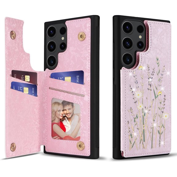 Wallet Case for Samsung Galaxy S23 Ultra with Card Holders, PU Leather Cover Kickstand RFID Blocking Double Magnetic Clasp Rilievo Flower Shockproof Flip Case for Women Girls - Pansy
