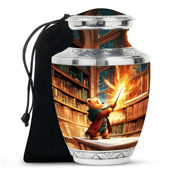 TeddyBear In Library Large Cremation Urns For Human Ashes Adult Man & Women - Funeral Urn For Adult Female Ashes - Memorial Ashes Adult Male Burial - 10 Inch