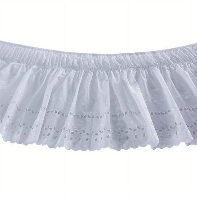 Ruffled Eyelet Bed Skirt Dust Ruffle with Gathered Styling and Embroidered Details, 14" Drop Length, Full, White