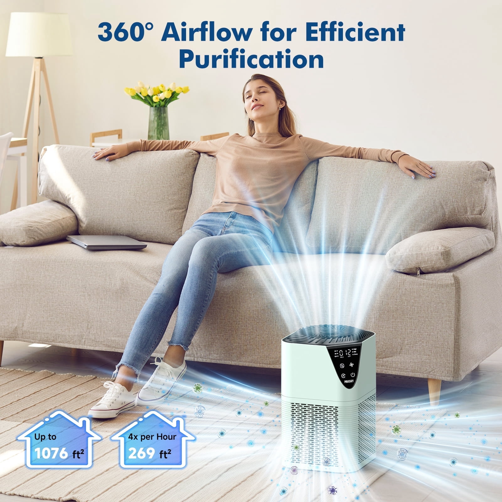 PRASKY Air Purifier for Home 1076 Sq Ft Coverage, True HEPA Filter for Pets, Smoke & Allergies | Quiet & Portable for Bedroom/Living Room (Green)