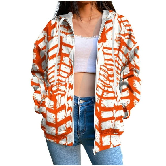 Fashion Zip Up Hoodie Sweatshirts for Womens Plus Size Stripe Pockets Zipper Long Sleeved Regular Top Hooded Sweatshirts Coat Outwear