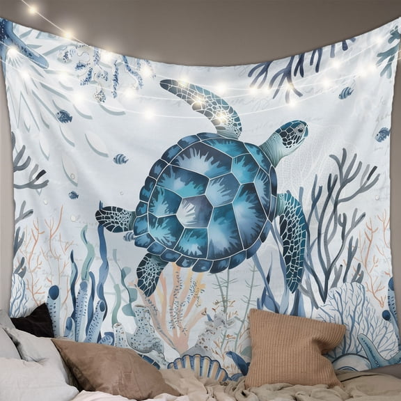 Summer Sea Turtle Tapestry for Bedroom Wall Hanging Tapestry, Vintage Ocean Coastal Coral Flower Ceiling Backdrop Tapestries Poster Blanket Wall Decor for Teens Room Living Room Dorm 59" x 90"