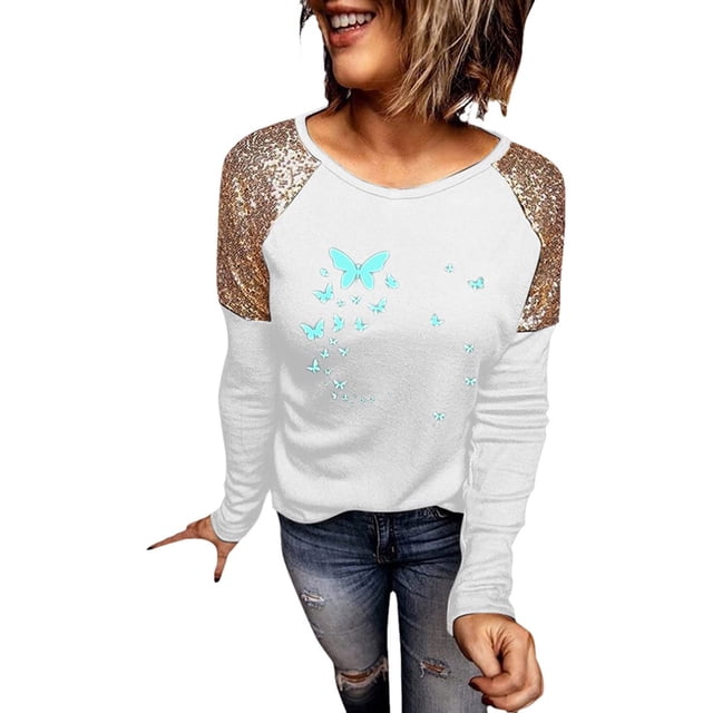 Blusa informal de manga larga con estampado de lentejuelas para mujer Pompotops FGAJ313