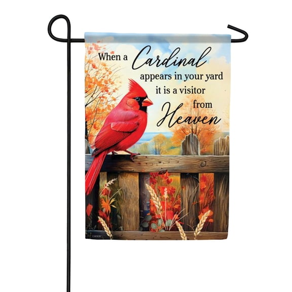 Carson Cardinal Appears Garden Flag, 12.5 x 18 inch Double Sided, Visitor From Heaven Memorial Banner, Red Bird Rustic Fence Outdoor Decor, Autumn Remembrance Bereavement Yard Decoration