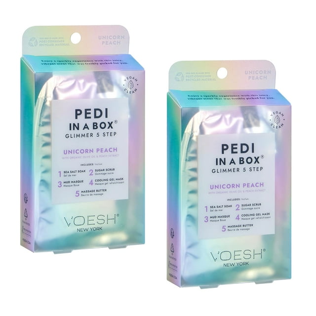 VOESH Pedi in a Box Glimmer - 2 paquetes Unicorn Peach Pedi in a Box Spa Pedicure Kit Sparkly Pedicure DIY Pedi Cuidado de los pies Productos de pedi en casa Cuidado de la piel vegano