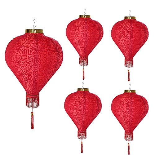 14" (Set of 5) Red Good Fortune (Fu) Oriental Chinese Japanese Paper Nylon Lantern Festival Decoration for Wedding, New Year, Chinese Spring Festival, Celebration Party Decor ~